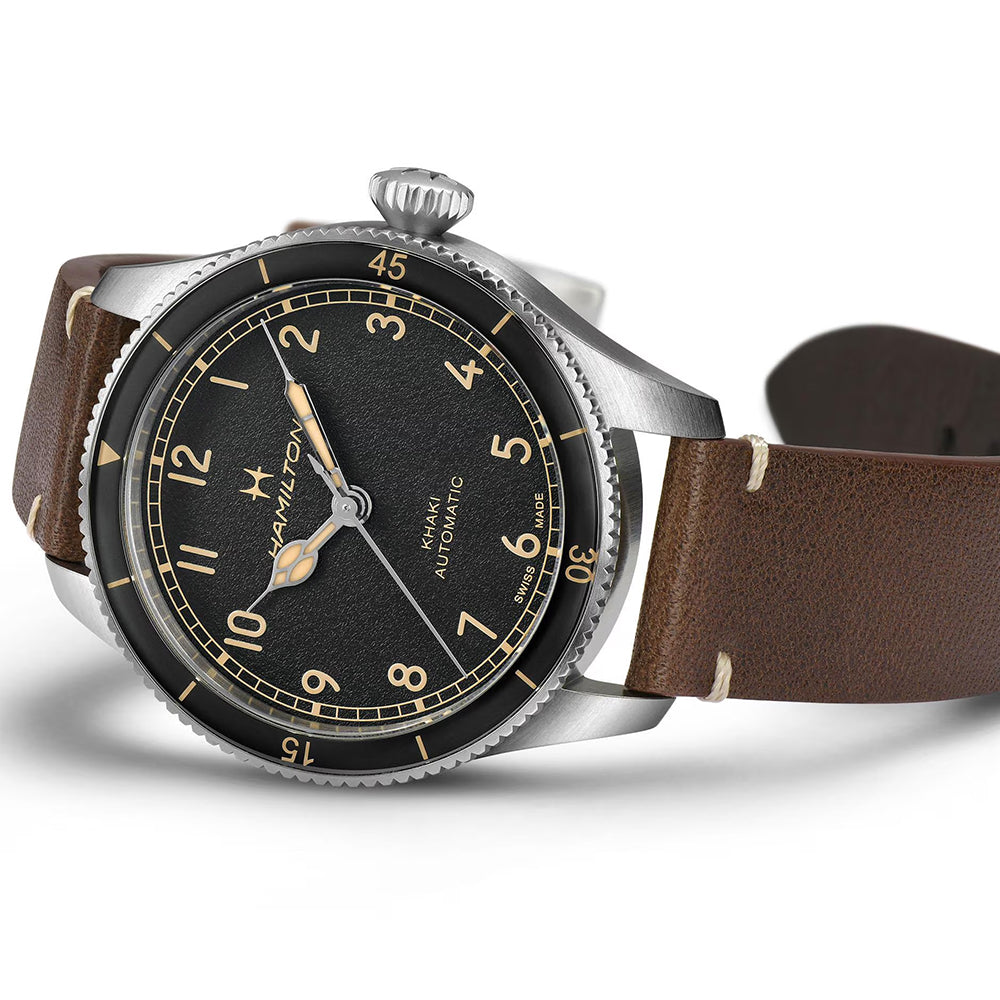 Khaki Aviation Pilot Pioneer 38mm - Black on Leather Strap