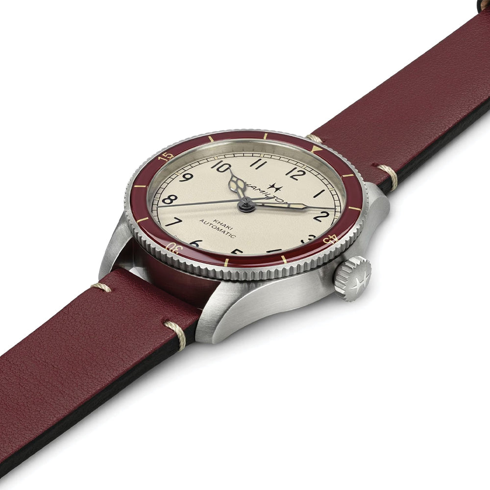 Khaki Aviation Pilot Pioneer Auto 38mm - White on Red Leather Strap