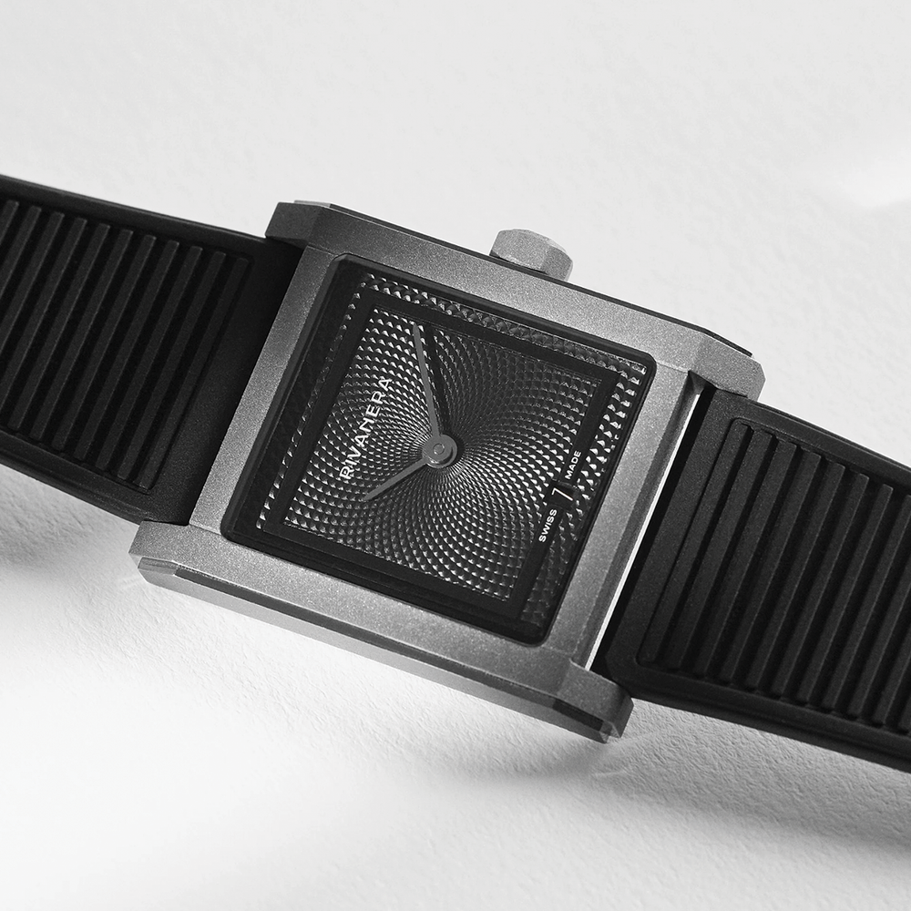 Rivanera Piccolo Guillochè 33mm - Black on Rubber Strap w/ Additional Strap