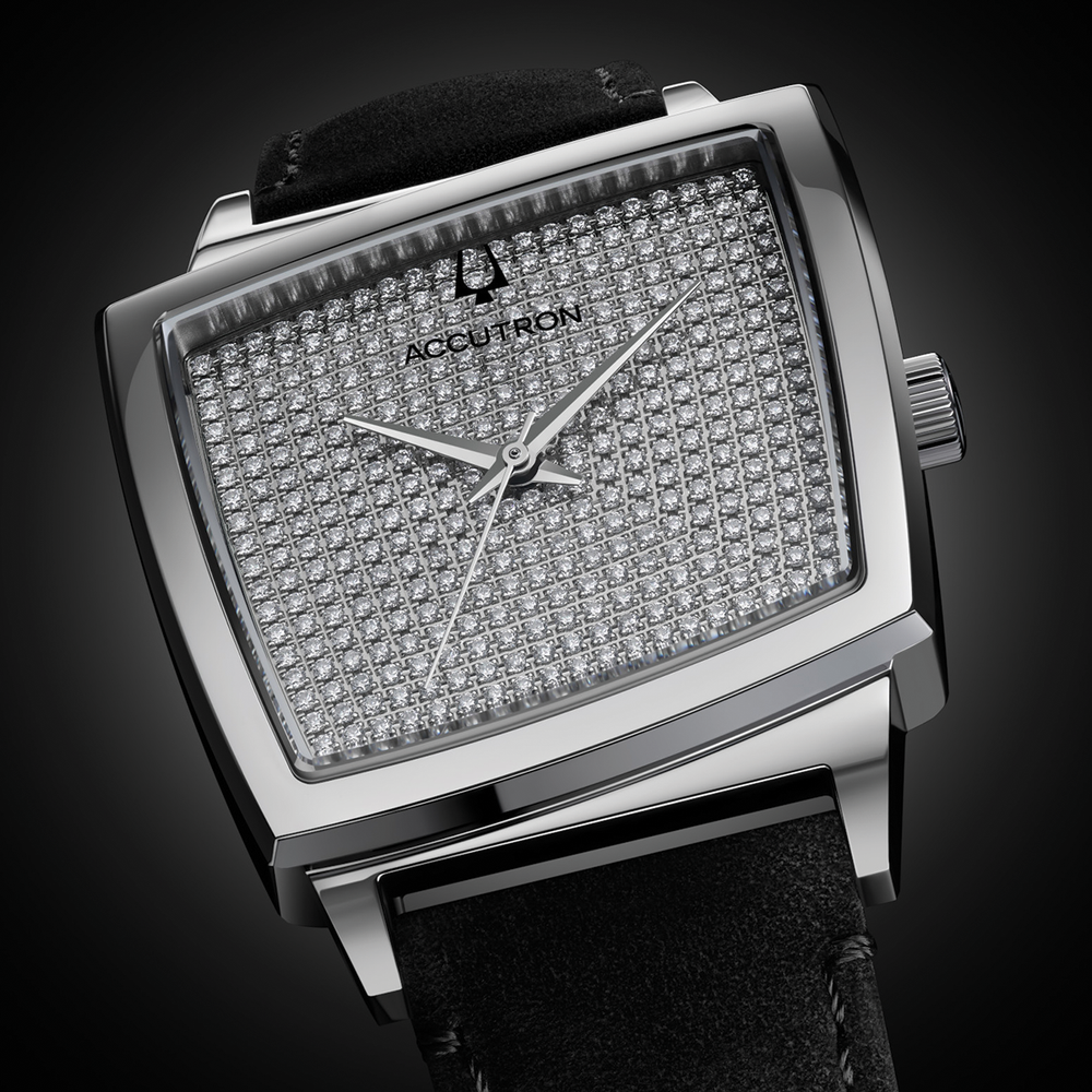 Memphis 521 35.8mm silver-tone watch on black leather strap with a diamond studded dial