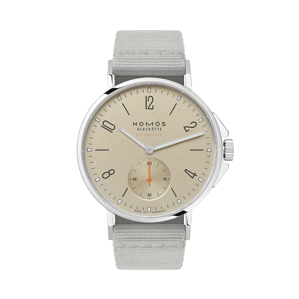 Nomos Ahoi Neomatik Sand 36mm beige dial with light fabric strap, front view