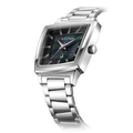 Accutron Memphis 521 square watch shown from a three quarter angle with black dial and bold metal bracelet