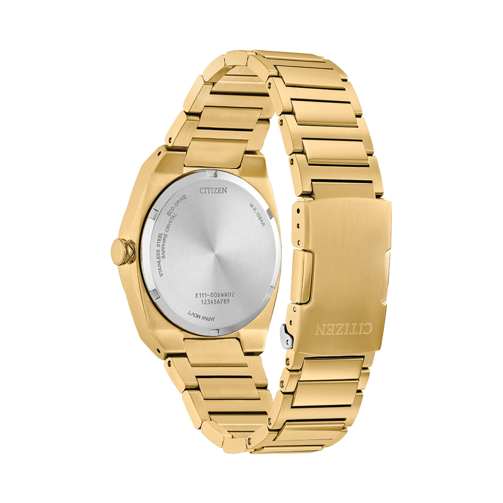 Rear view of gold-tone Sport Luxury 40mm watch with metal bracelet and clasp