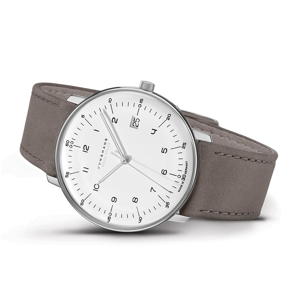 JUNGHANS mega solar titanium 電波ソーラー Max Bill MEGA Solar Titanium 38mm - White on Leather Strap | Teddy