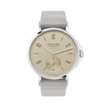 Front view of Ahoi Neomatik Sand 36mm with beige dial on light gray fabric strap