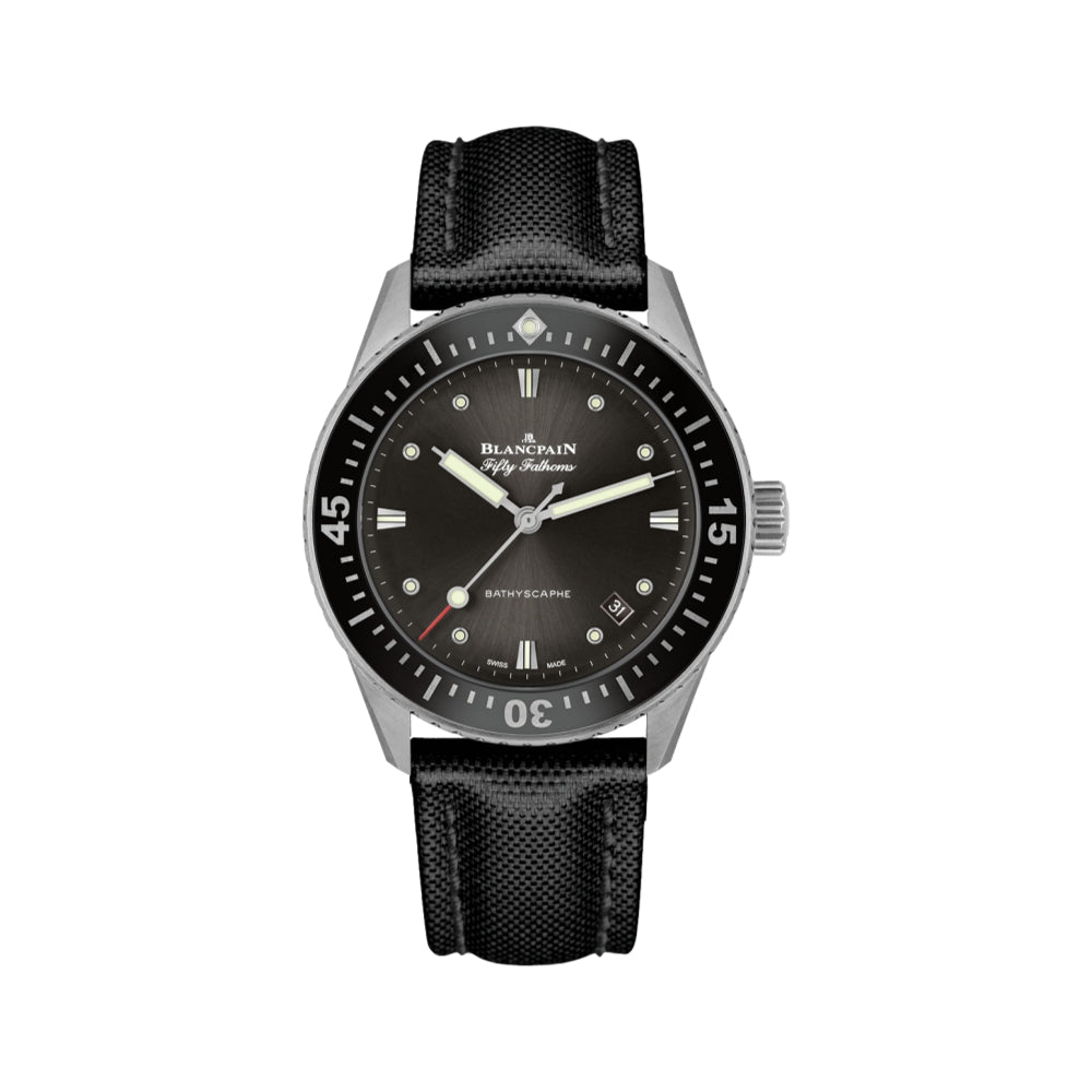 Fifty Fathoms Bathyscaphe SS 38mm - Black Bezel w/ Grey Dial on Sail-canvas Strap