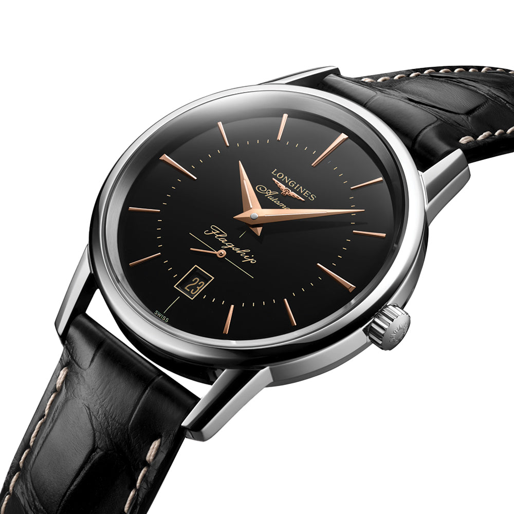 Flagship Heritage 38.5mm - Black on Leather Strap