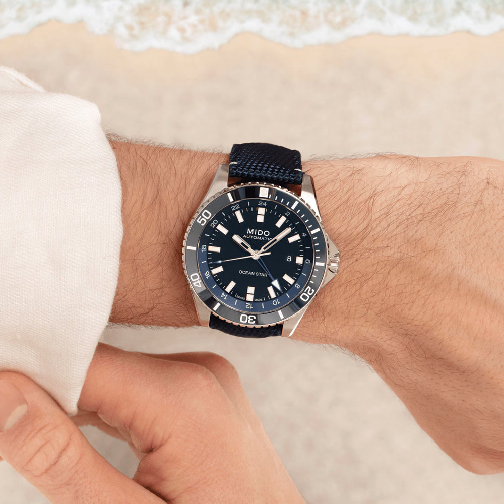 Ocean Star GMT 44mm - Black w/ Blue Bezel on Fabric Strap