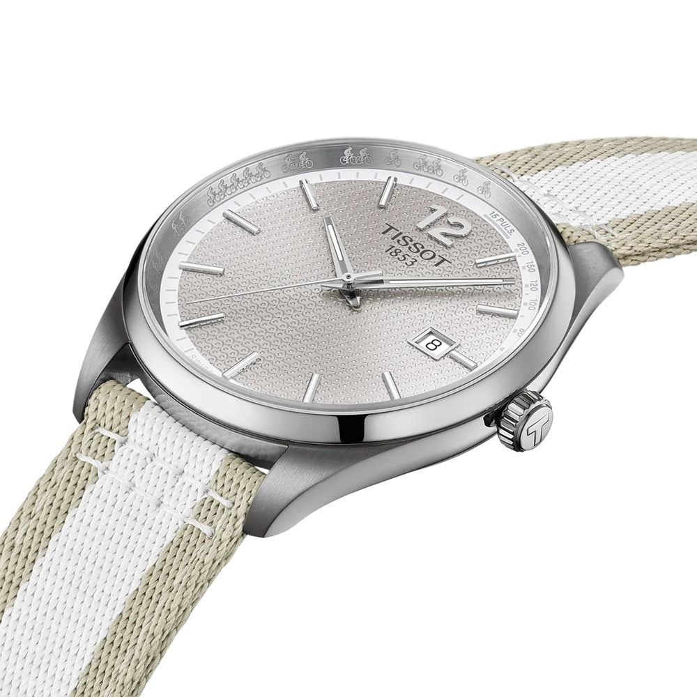 Tissot PR 100 quartz watch with textured silver dial and beige white striped fabric strap