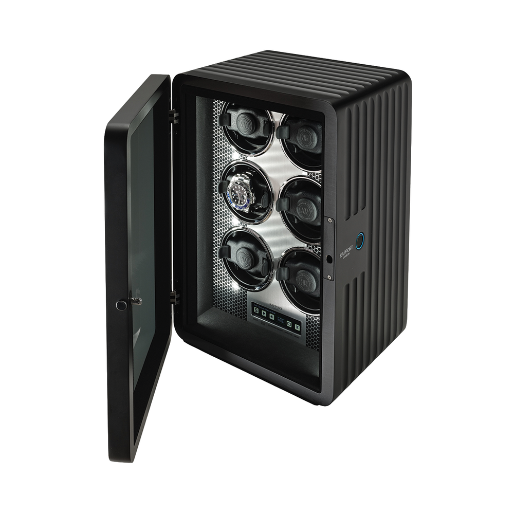 Open Neo Watch Winder Black exposing six winding cups and a mounted watch inside