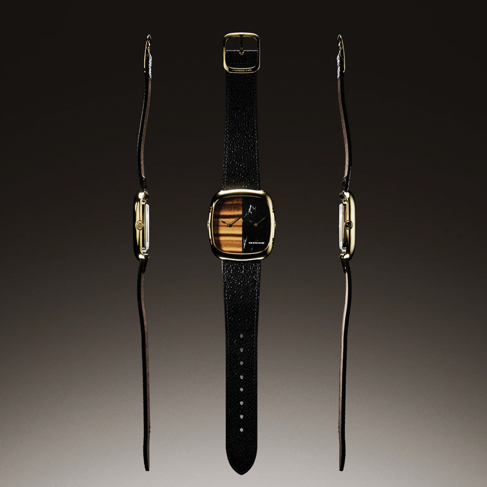 Gold square watch with tiger eye and marble dial flanked by side views on black leather strap