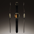 Gold square watch with tiger eye and marble dial flanked by side views on black leather strap
