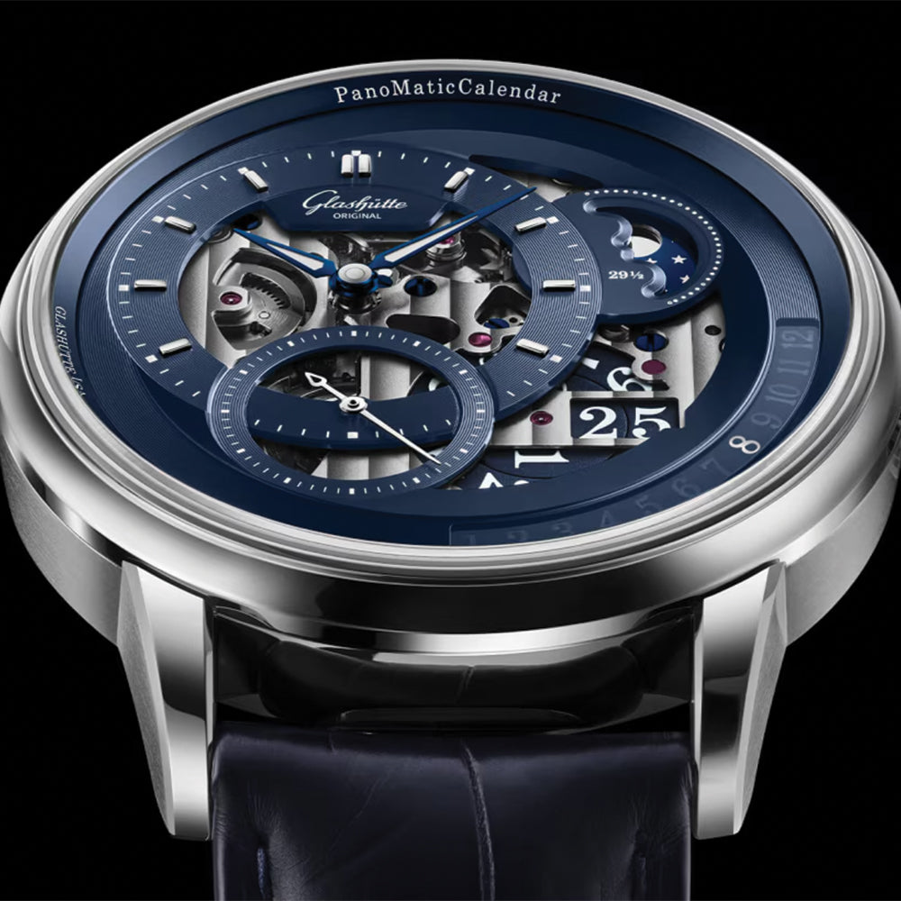 PanoMaticCalendar Limited Edition Platinum 42mm - Skeletonized Deep Blue on Leather Strap