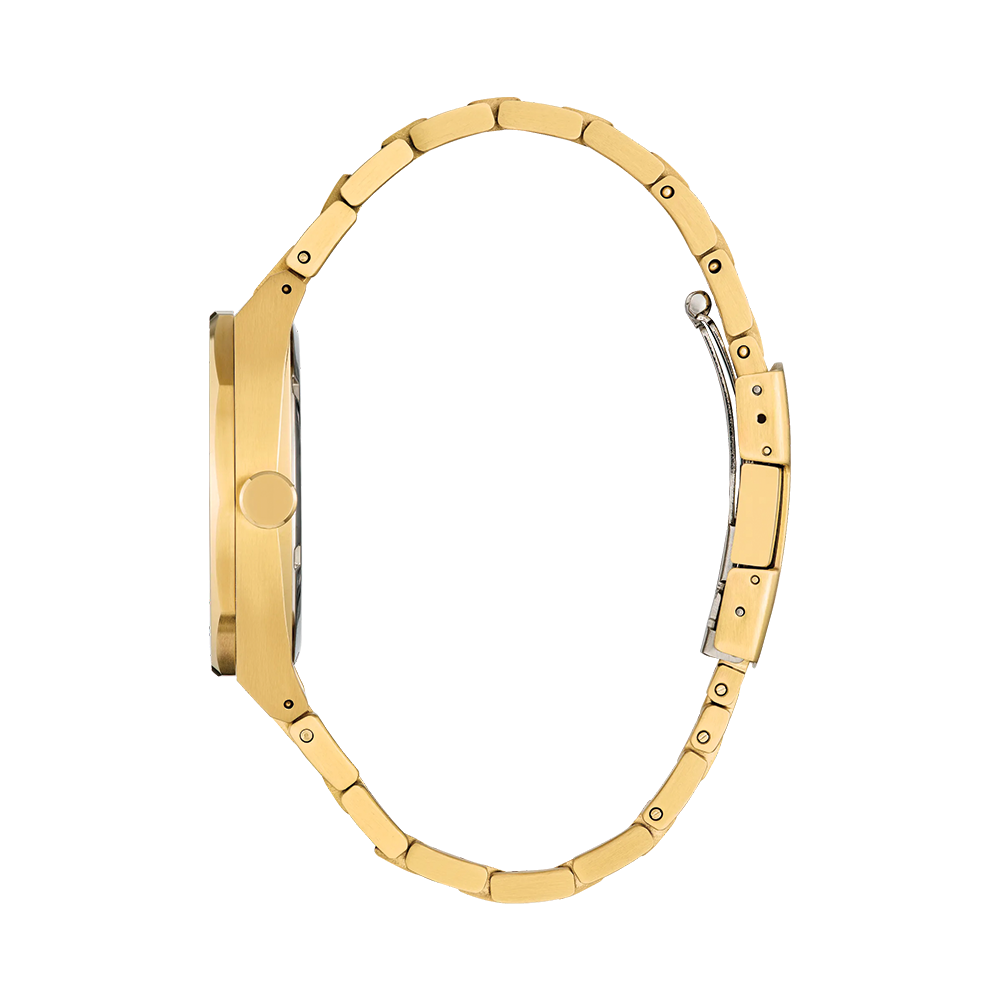 Gold-tone Sport Luxury 40mm watch shown from the side with a linked bracelet