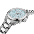 Side view of the Tissot PR 100 quartz chronograph with blue mother-of-pearl dial on a stainless steel bracelet