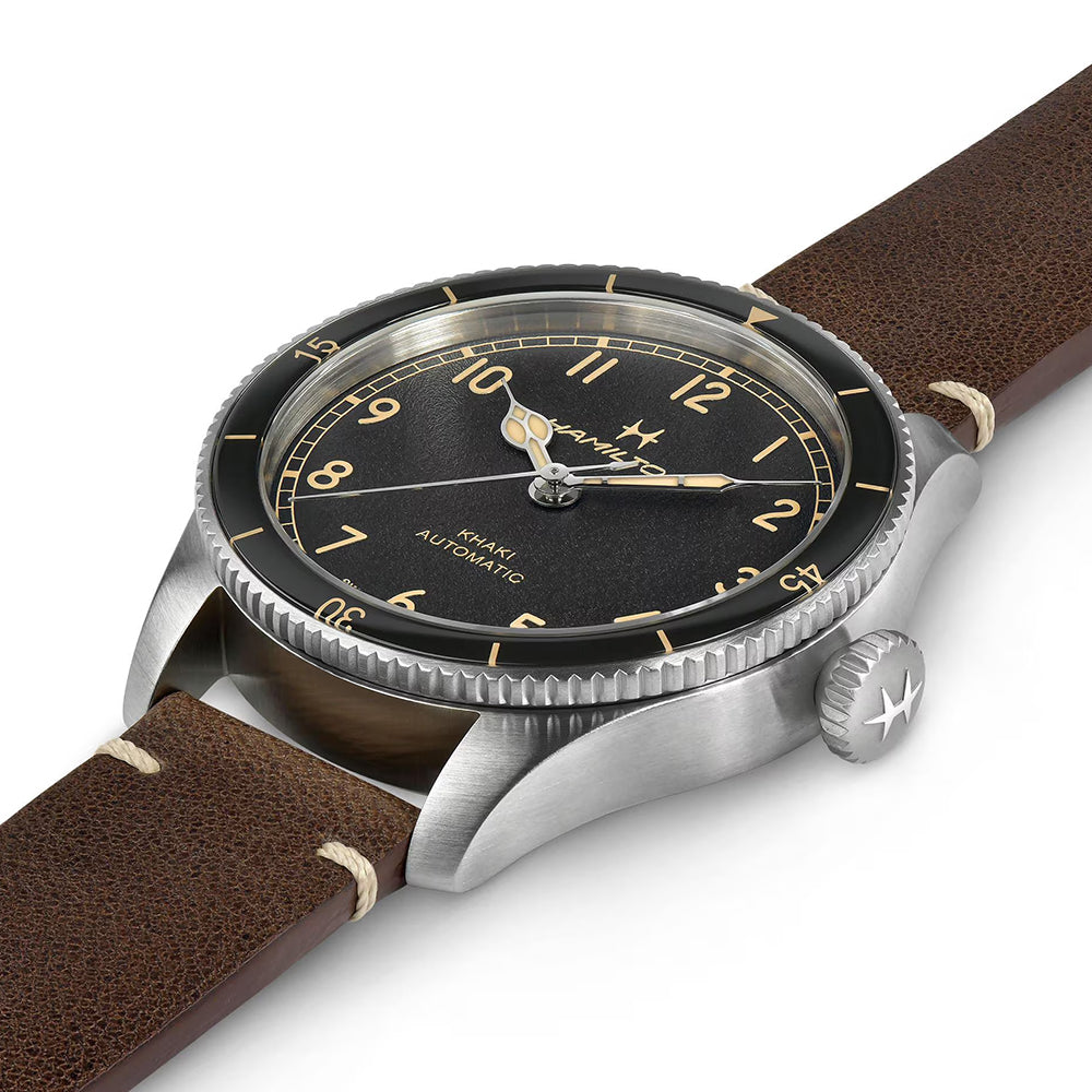 Khaki Aviation Pilot Pioneer 38mm - Black on Leather Strap