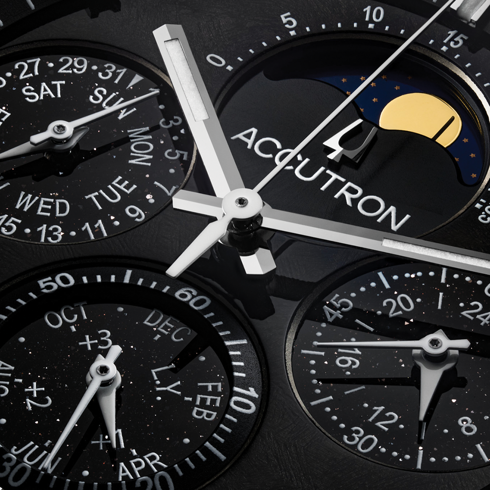 Close up of Horizon 41.5mm watch dial on a bracelet with multiple subdials and Accutron branding.