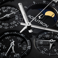 Close up of Horizon 41.5mm watch dial on a bracelet with multiple subdials and Accutron branding.