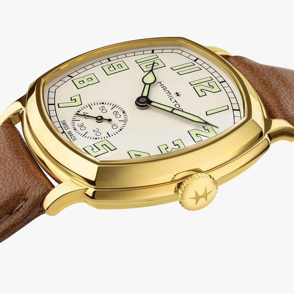 American Classic Cushion Mechanical PVD Gold-Tone 34mm - Beige on Leather Strap