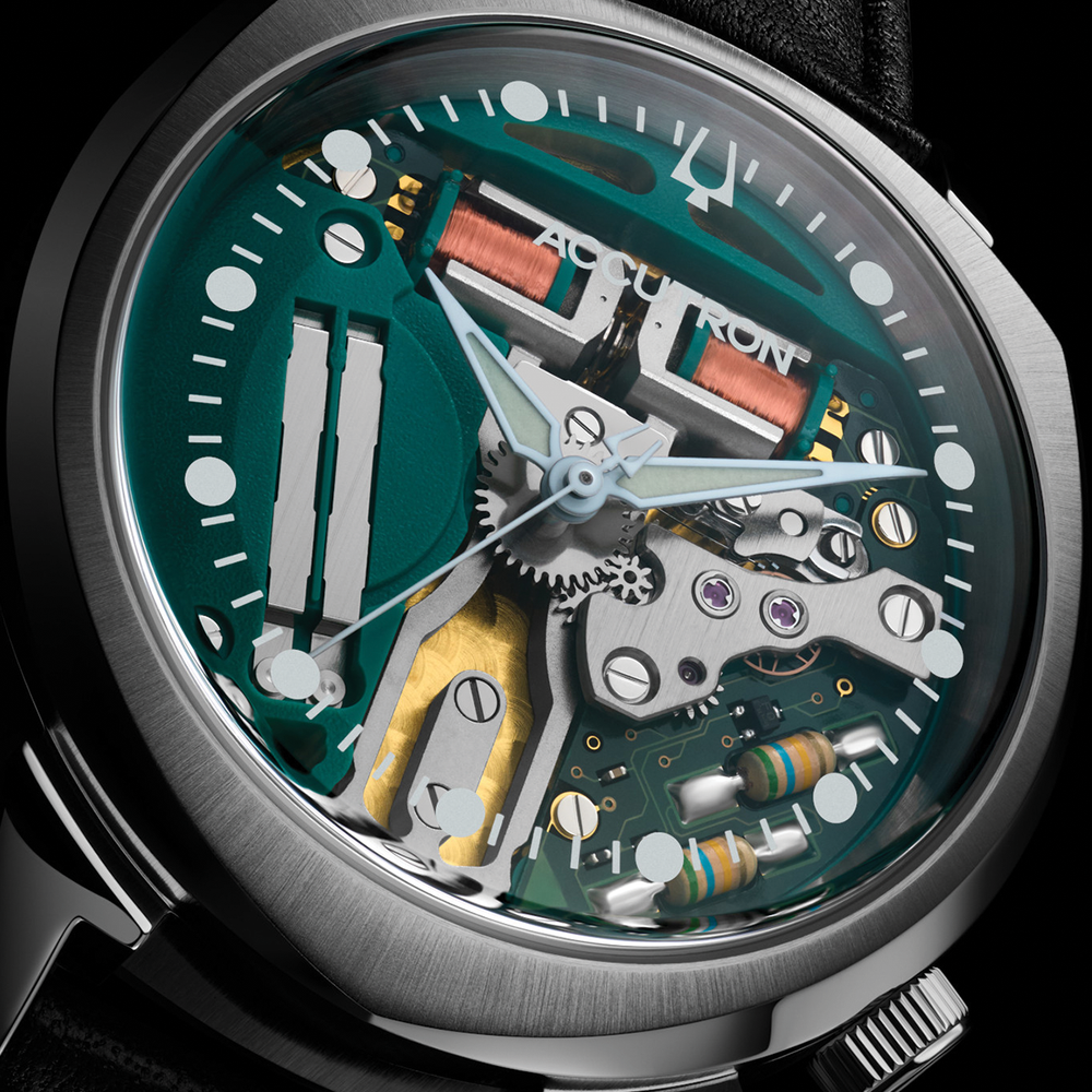 Alpha 314 33mm skeleton movement with teal frame and copper coils