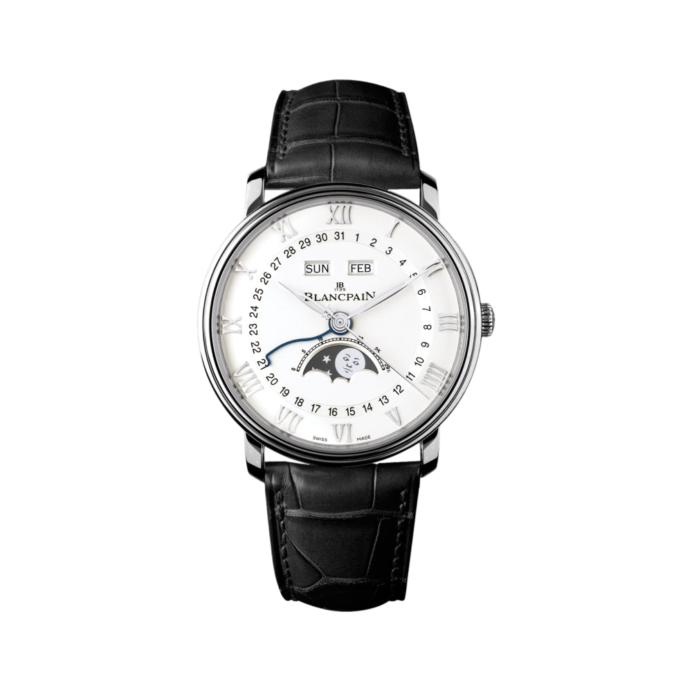 Villeret Quantième Complet SS 40mm - White on Black Leather Strap