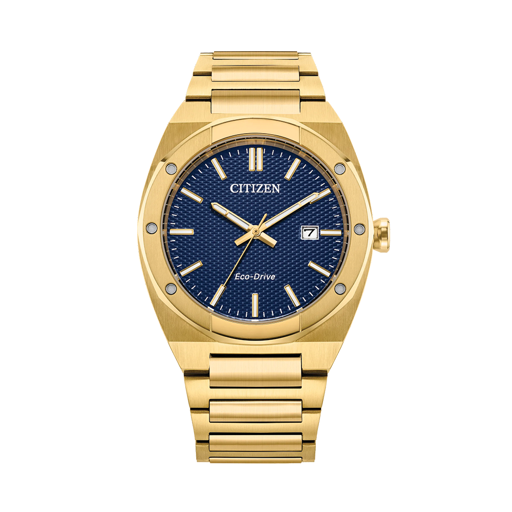 Gold-tone Sport Luxury 40mm watch with blue textured dial on a matching bracelet