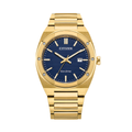 Gold-tone Sport Luxury 40mm watch with blue textured dial on a matching bracelet