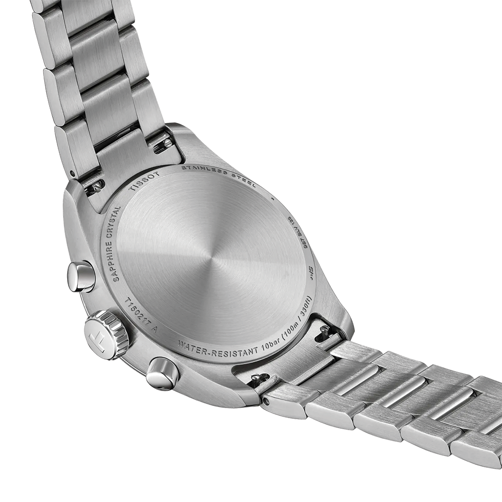 Back of Tissot PR 100 Chronograph stainless steel case with engraved markings and bracelet