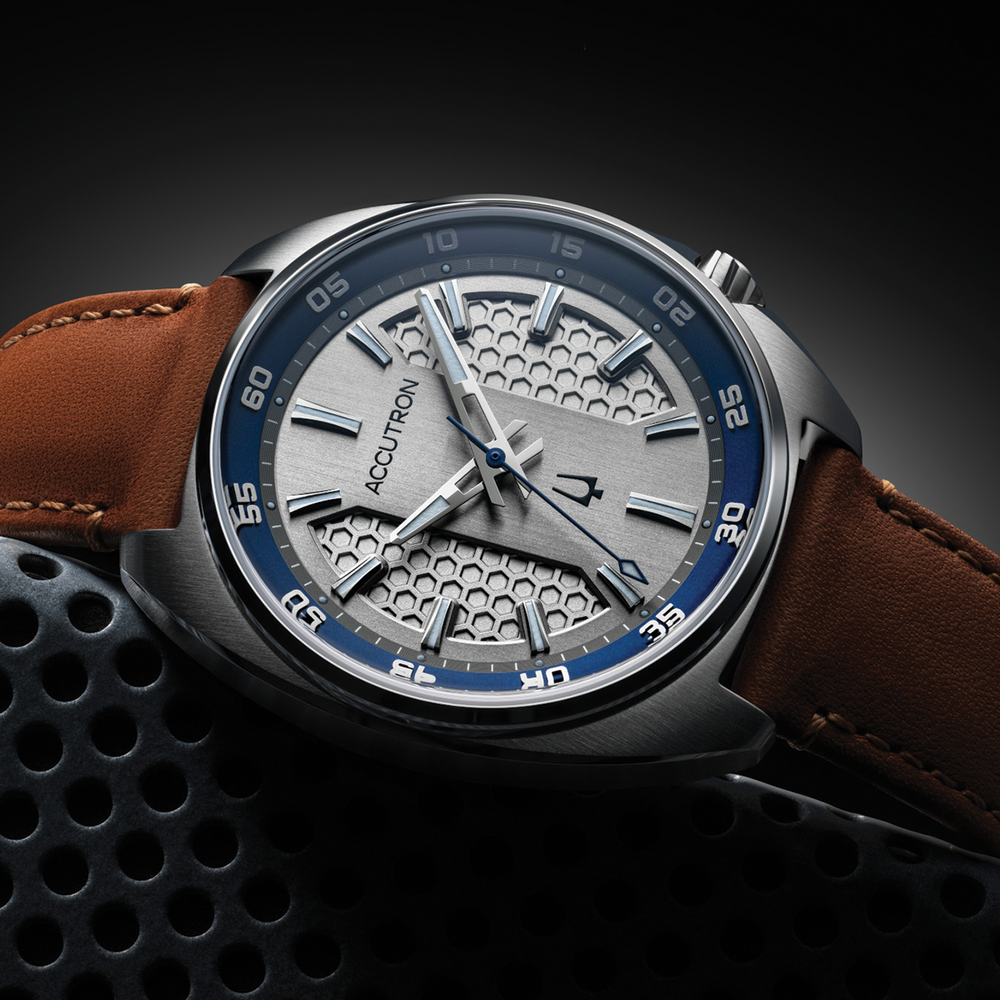 Elevation 39mm watch with grey dial honeycomb pattern blue bezel silver indices and brown leather strap