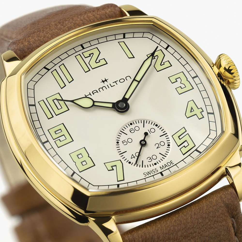American Classic Cushion Mechanical PVD Gold-Tone 34mm - Beige on Leather Strap