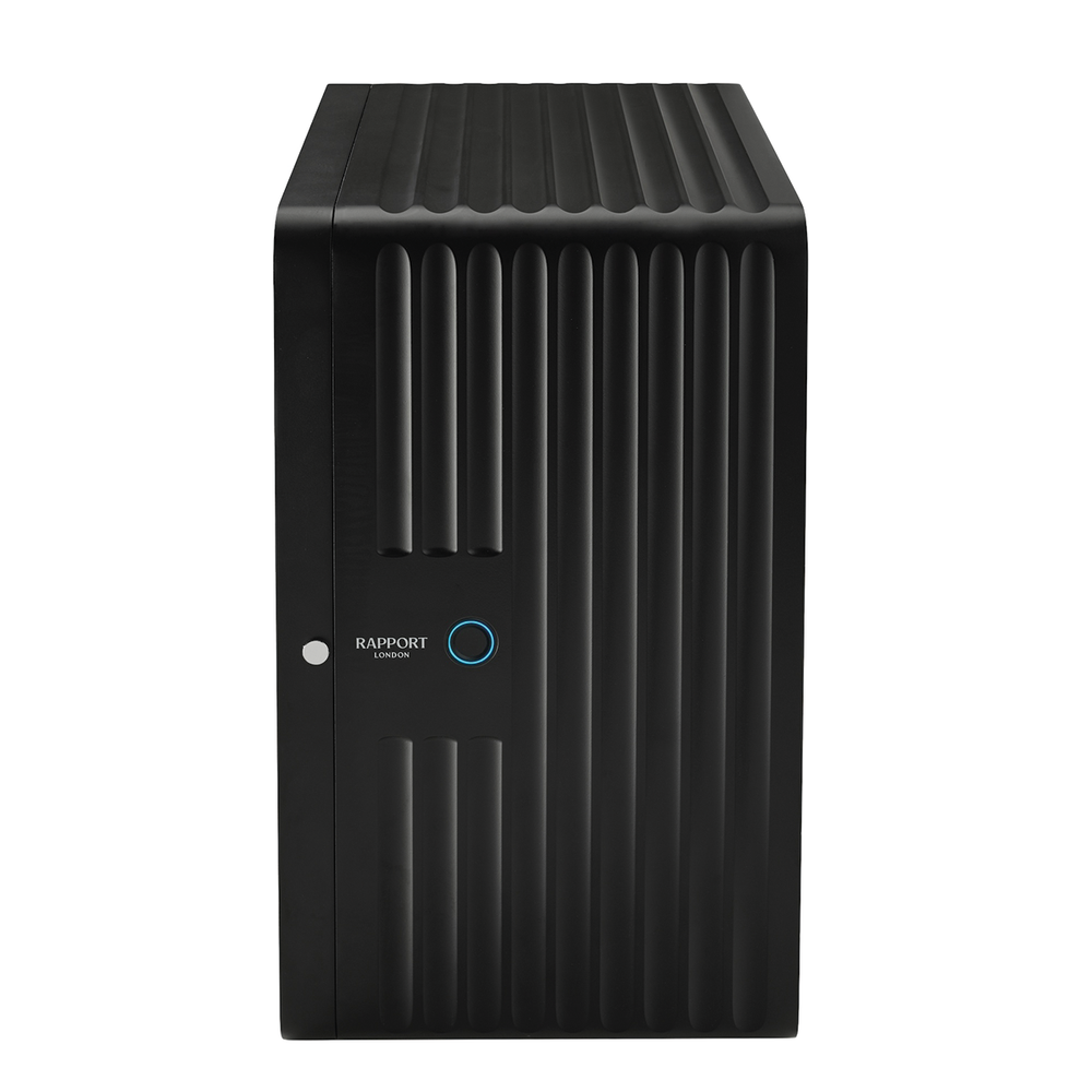 Side view of Neo Watch Winder Black with ribbed exterior and blue ring control