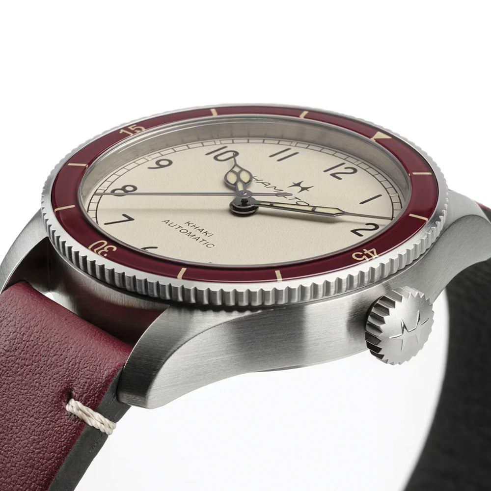 Khaki Aviation Pilot Pioneer Auto 38mm - White on Red Leather Strap