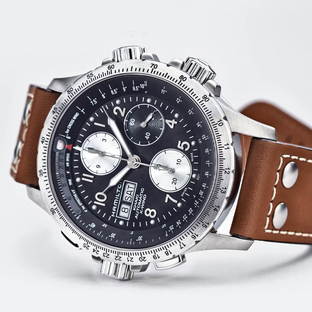 Khaki Aviation X-Wind Auto Chrono 44mm - Black on Leather Strap