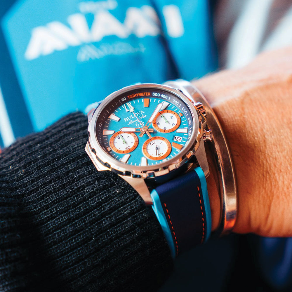 Marine Star E1 Team Miami Chronograph 43mm - Blue on Leather Strap w/ Extra Silicone Strap