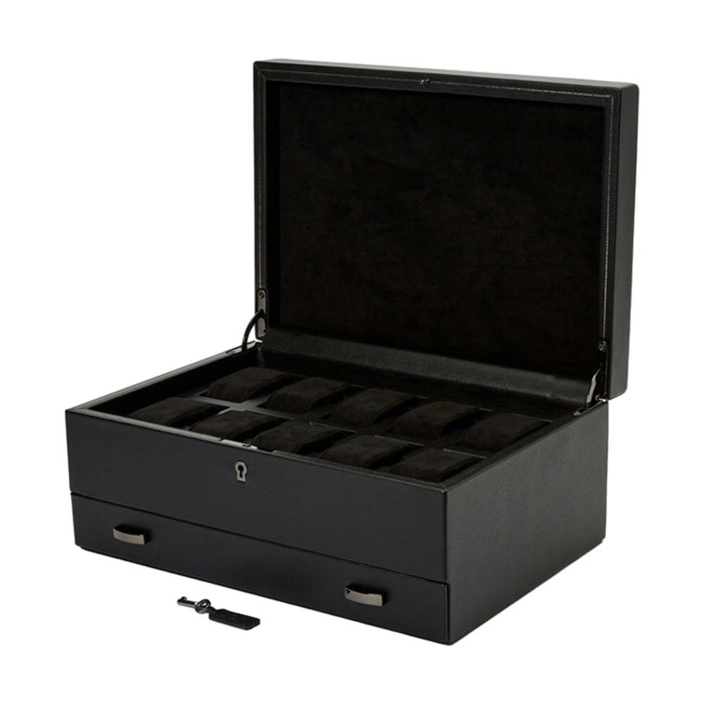 British Racing 10 Piece Watch Box with Drawer - Black