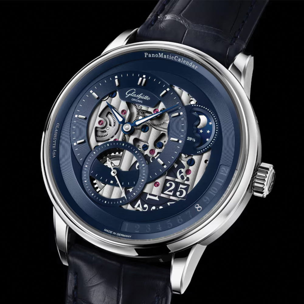 PanoMaticCalendar Limited Edition Platinum 42mm - Skeletonized Deep Blue on Leather Strap