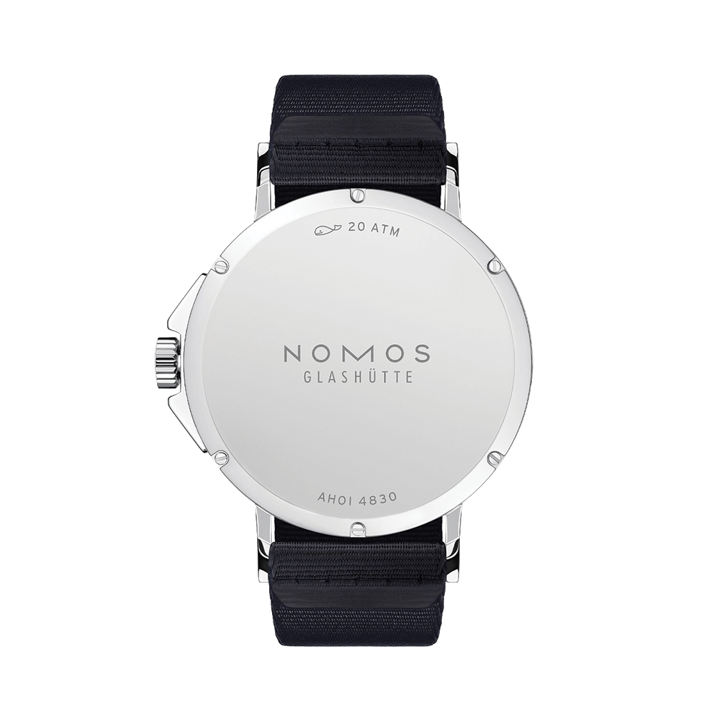 Back view of Ahoi Neomatik Sky watch with a stainless steel case and blue fabric strap