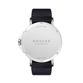 Back view of Ahoi Neomatik Sky watch with a stainless steel case and blue fabric strap