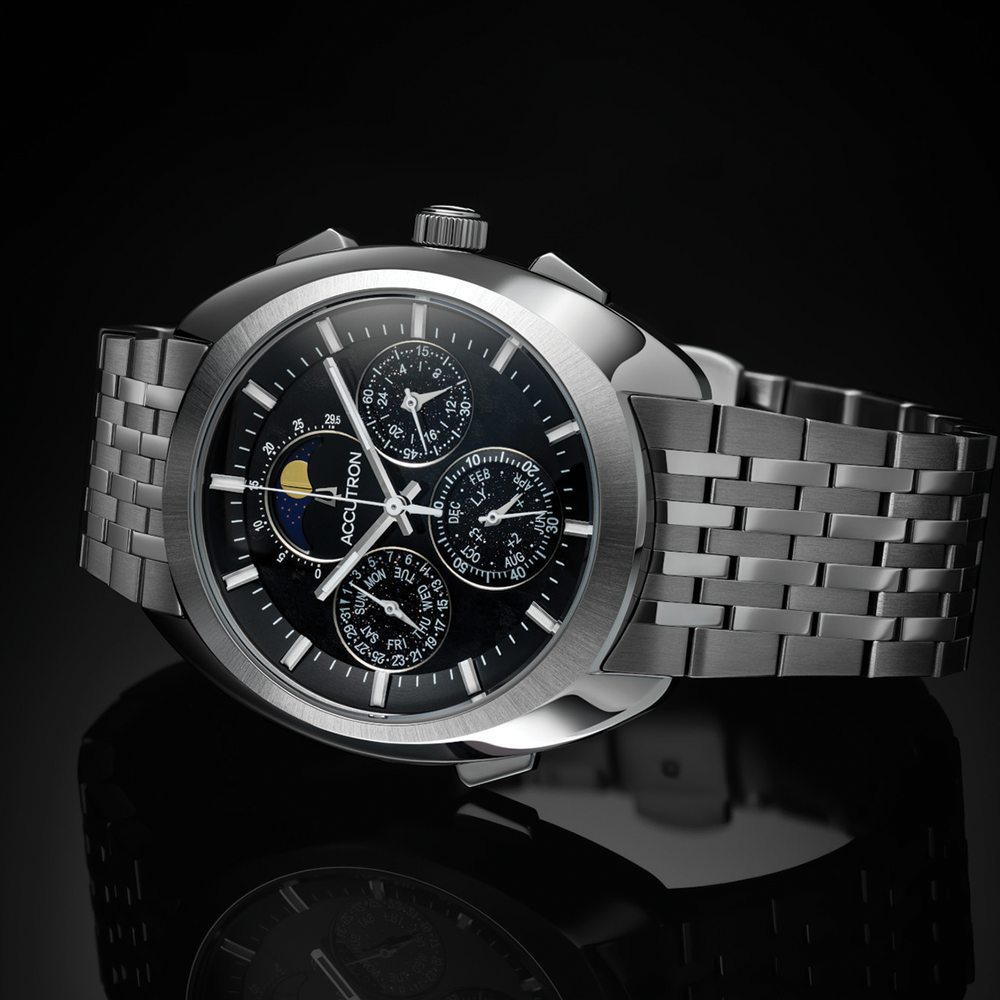Horizon 41.5mm watch in black on a stainless steel bracelet showcasing moon phase and multiple subdials