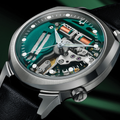 Close up of Alpha 314 teal skeleton dial with visible gears and brushed metal case