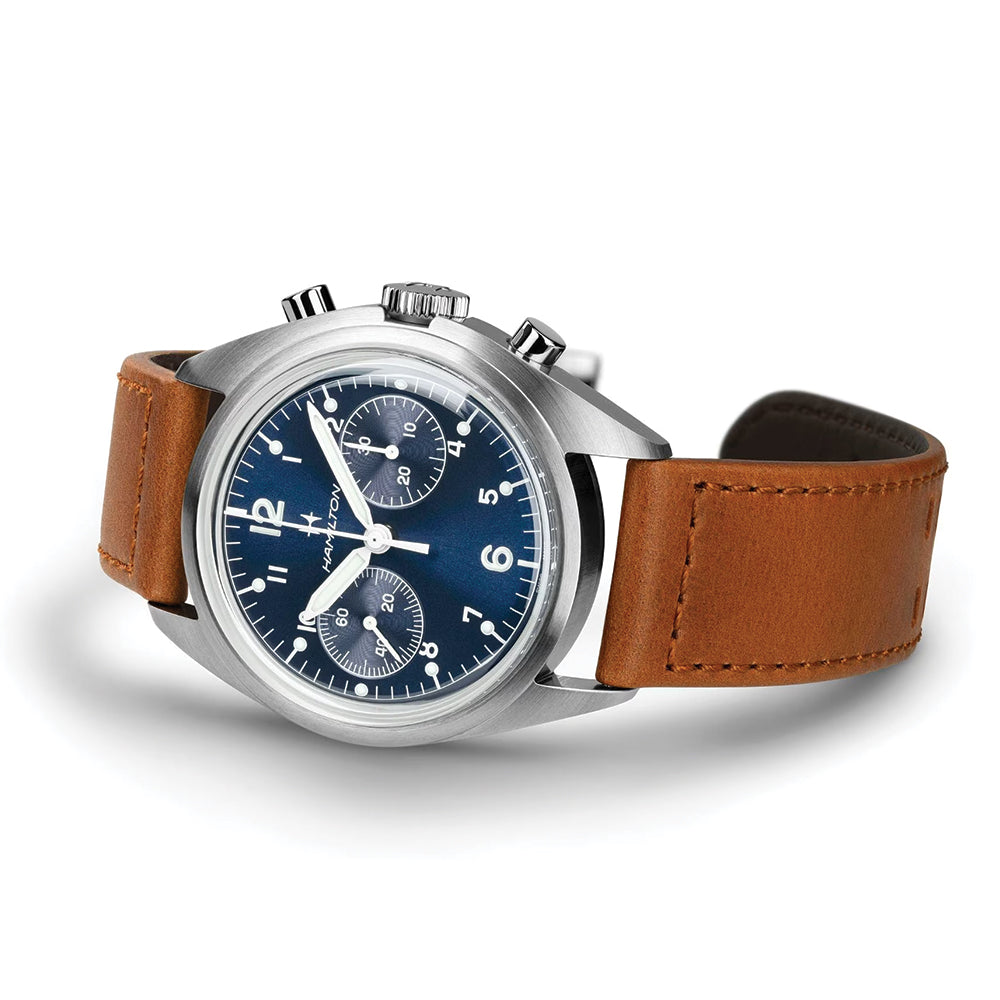Khaki Aviation Pilot Pioneer Mechanical Chrono 40mm - Blue on Leather Strap