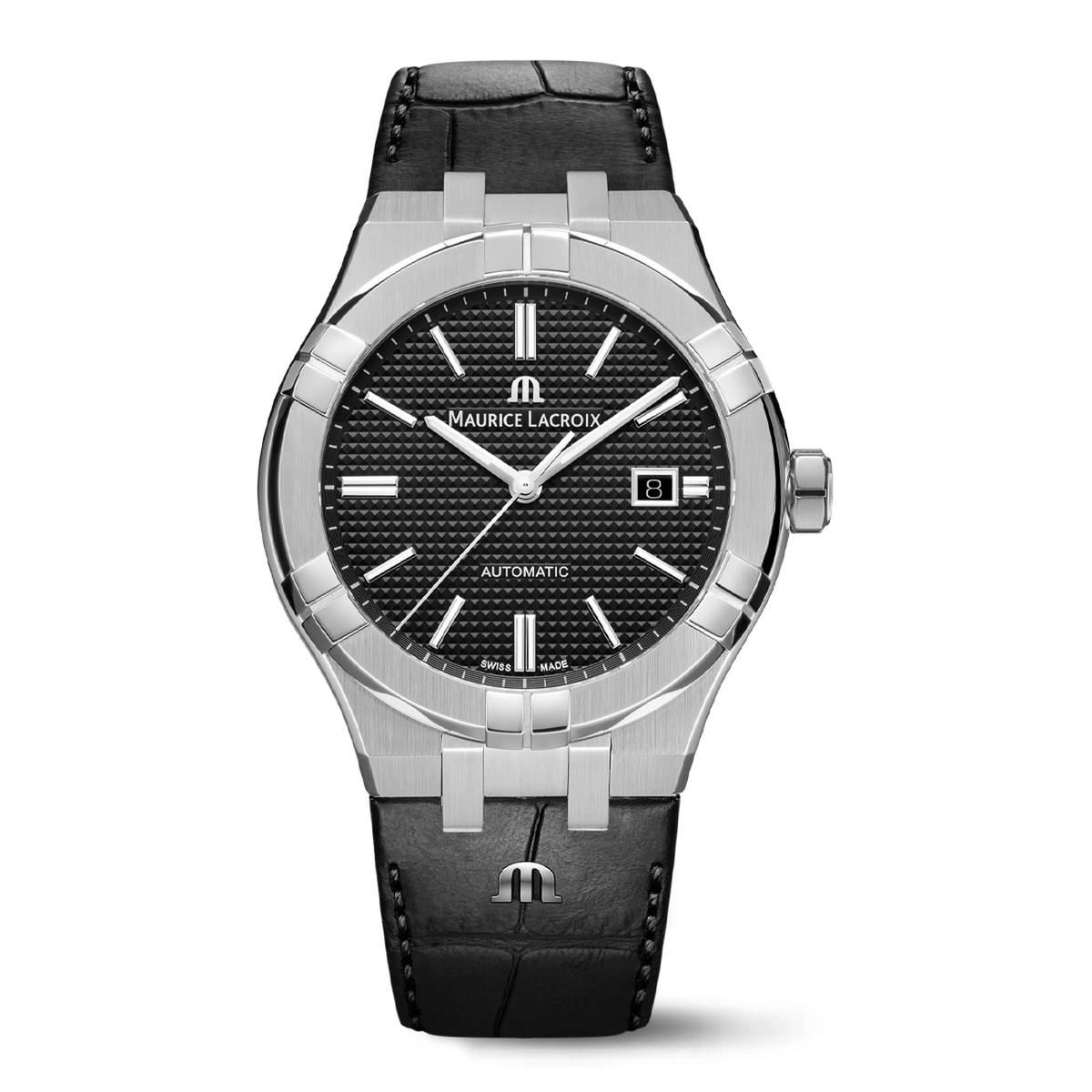 Maurice Lacroix AIKON Automatic 42mm with black dial, date window, and black leather strap