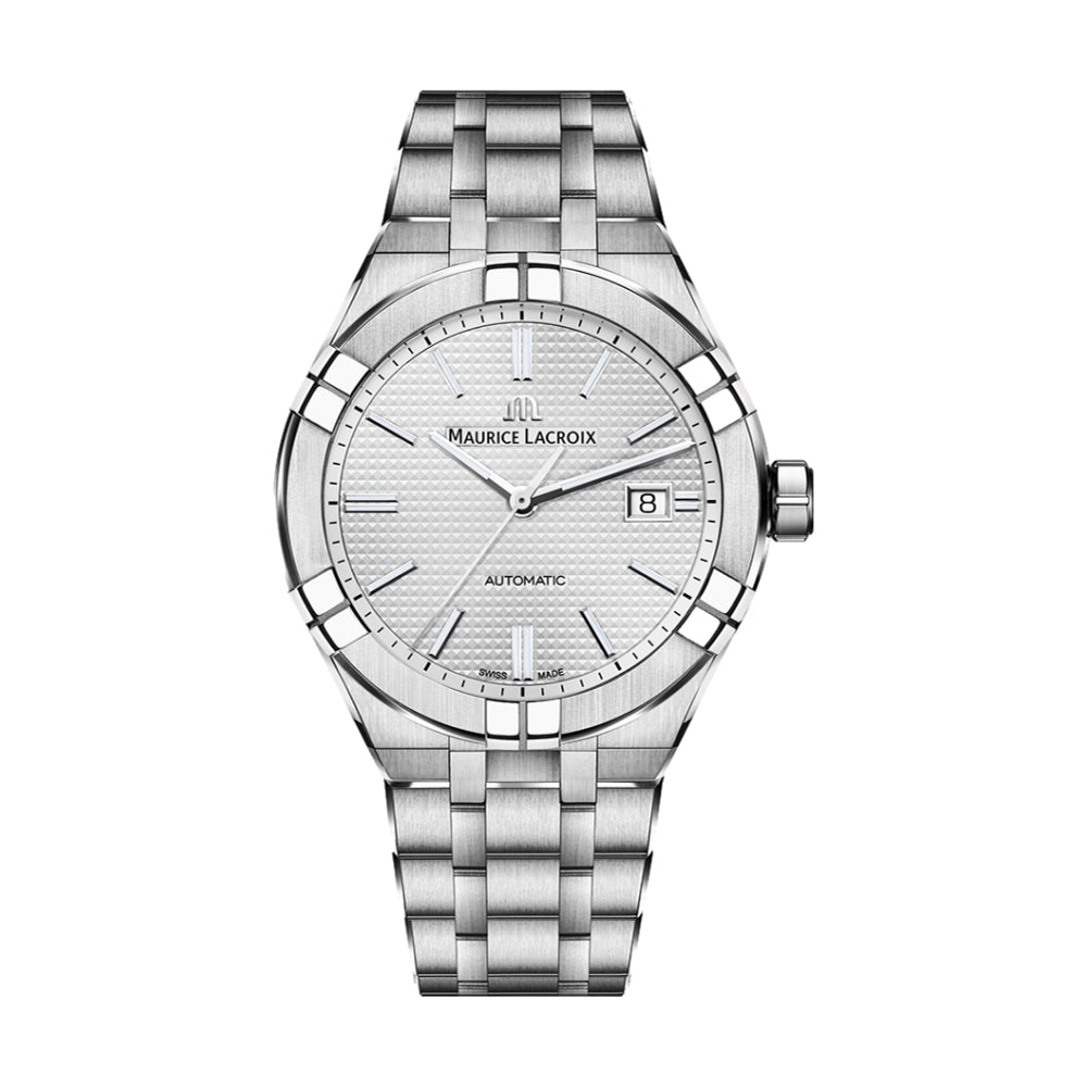 Maurice Lacroix AIKON automatic silver dial watch with date window and stainless steel bracelet
