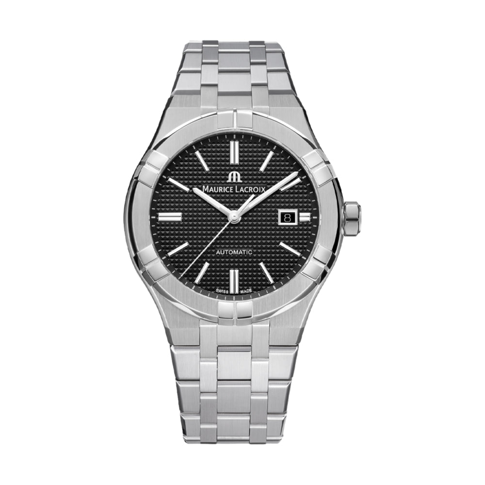 Maurice Lacroix AIKON Automatic Date 42mm with black textured dial, date window, and stainless steel bracelet