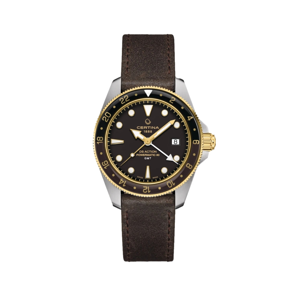DS Action GMT Powermatic 80 41mm Gold PVD Black Dial on Strap