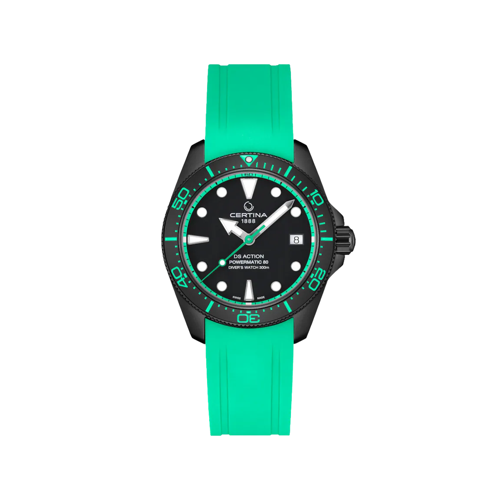 DS Action Diver Powermatic 80 38mm - Black, Green Accents on Bracelet w/ Additional Rubber Strap
