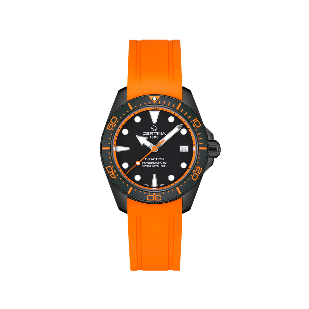 DS Action Diver Powermatic 80 38mm - Black, Orange Accents on Bracelet w/ Additional Rubber Strap
