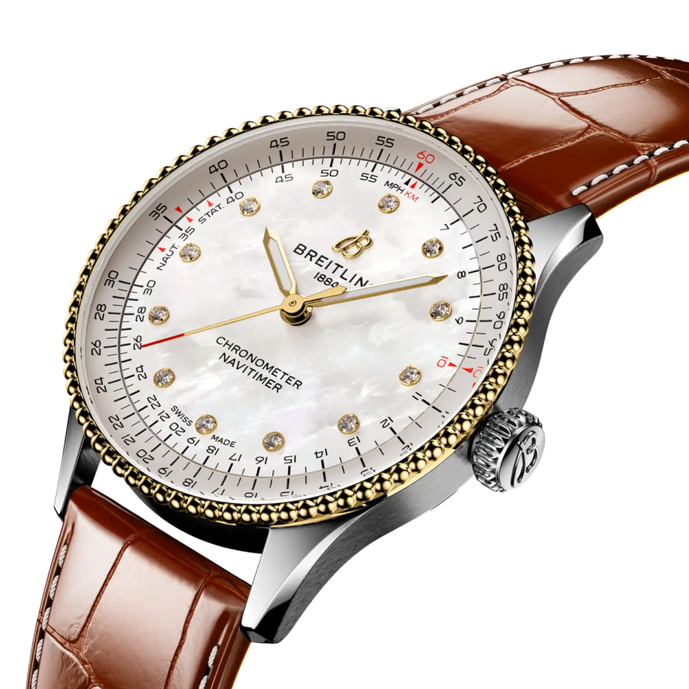 Navitimer Automatic Two-Tone 36mm - White, Mother-of-Pearl, Diamond-Set on Leather Strap