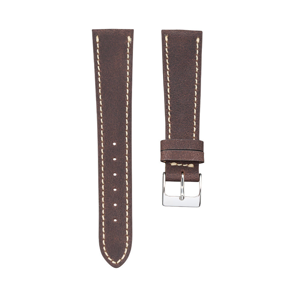 Chocolate brown distressed nubuck leather watch strap two-piece set with silver buckle