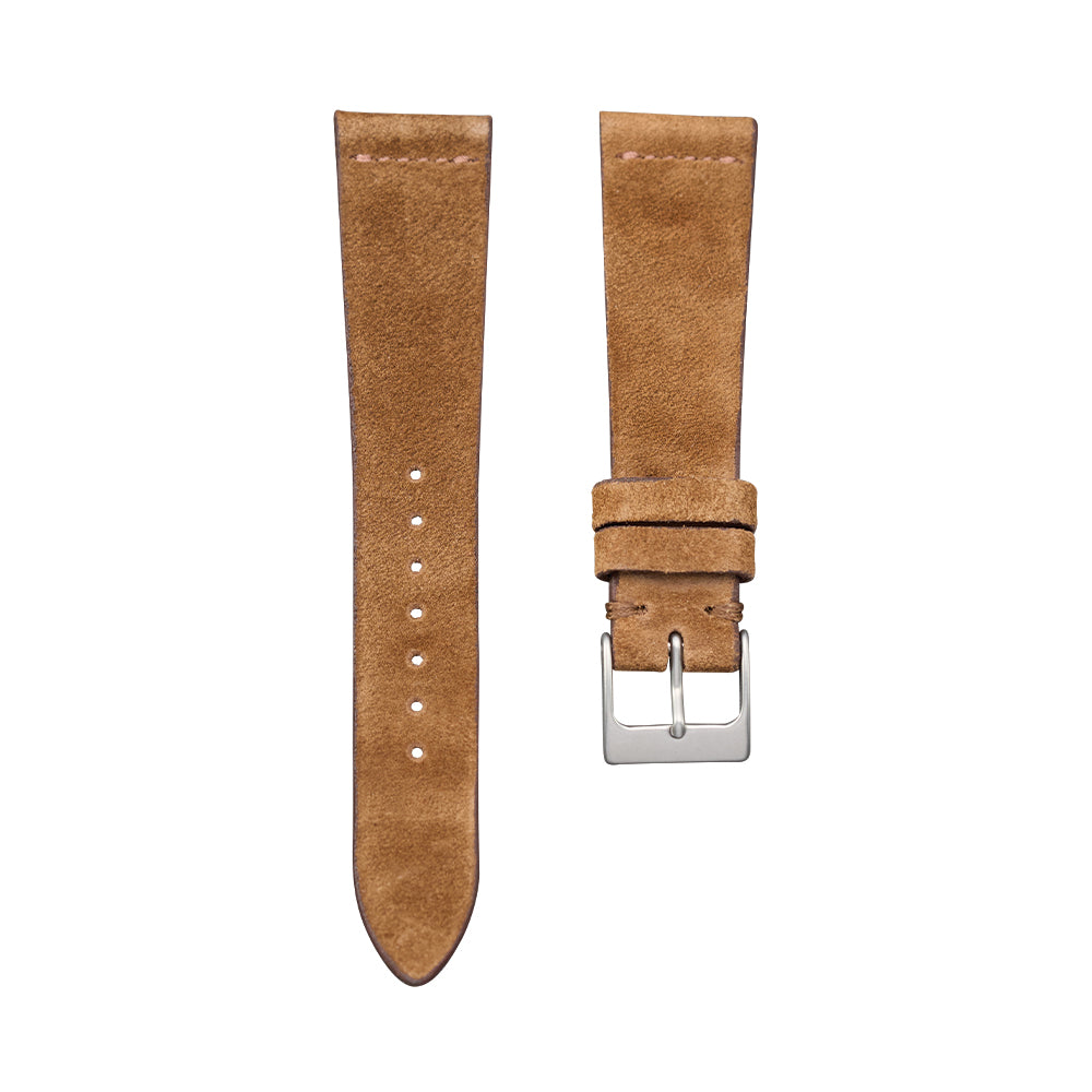 Light brown English suede leather watch strap in two pieces with the buckle on the right and a long plain strap on the left